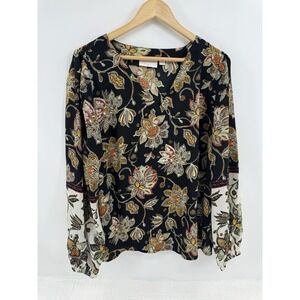 Belle Boho By Kim Gravel Artisan Peasant Blouse Popover Black Floral Size Large